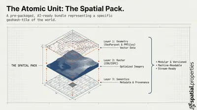 The Atomic Unit: The Spatial Pack — a pre-packaged, AI-ready bundle with geometry, raster, and semantic layers.